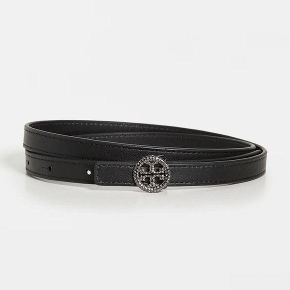 Tory Burch Skinny Embellished Logo Belt Black Rhinestones Crystals Leath⦠- Picture 7 of 13
